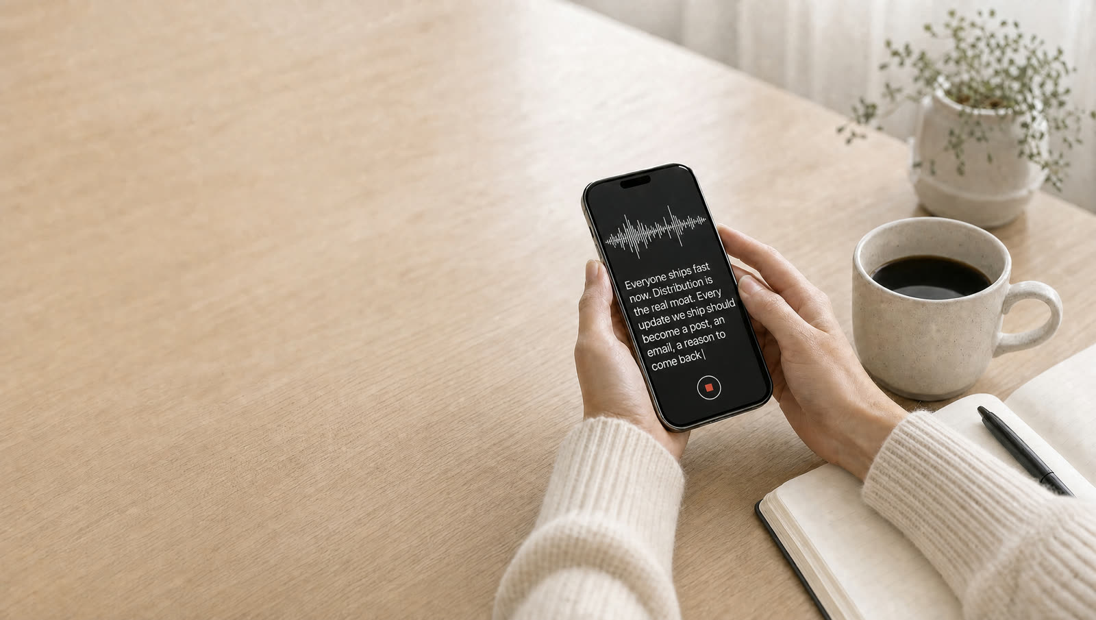 Founder recording a voice note that becomes a drafted post